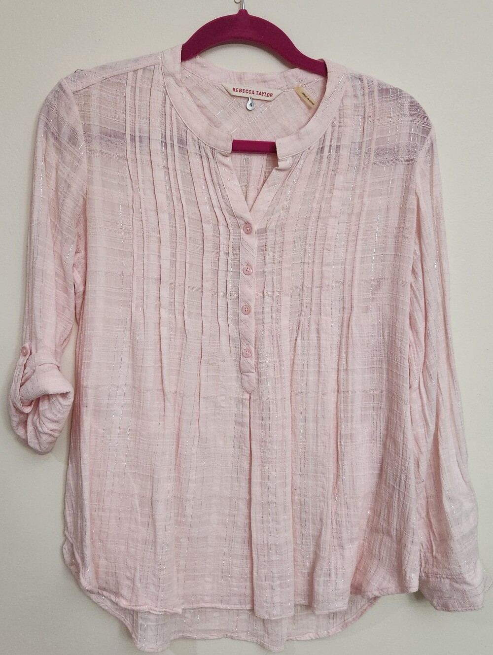Pale Pink Pintuck Henley Blouse